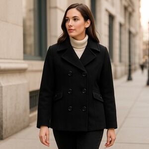 St. John's Bay Women's Size L Black Wool Cashmere Blend Peacoat Classic Preppy‎